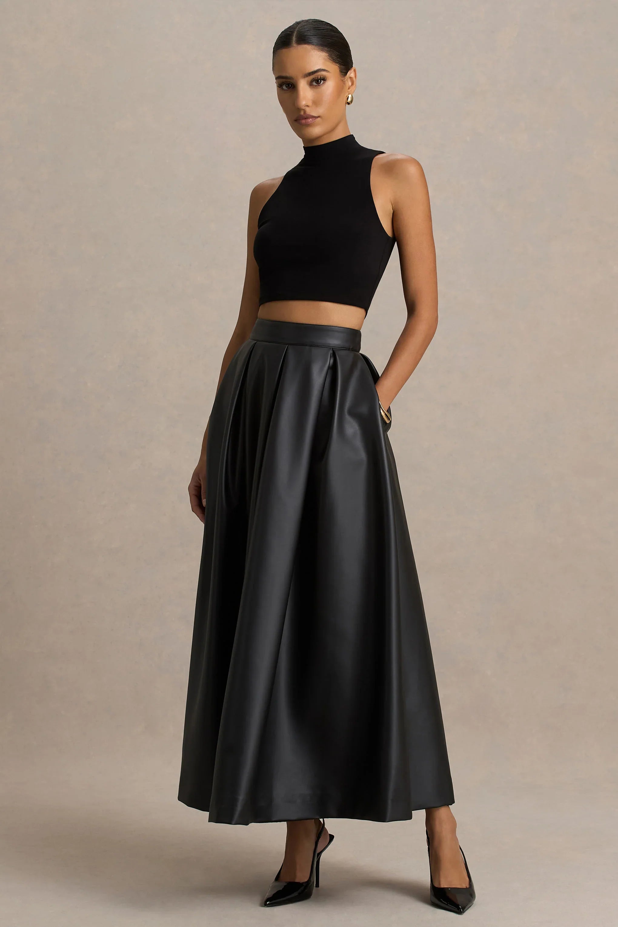 Noa Black Faux Leather A Line Midi Skirt