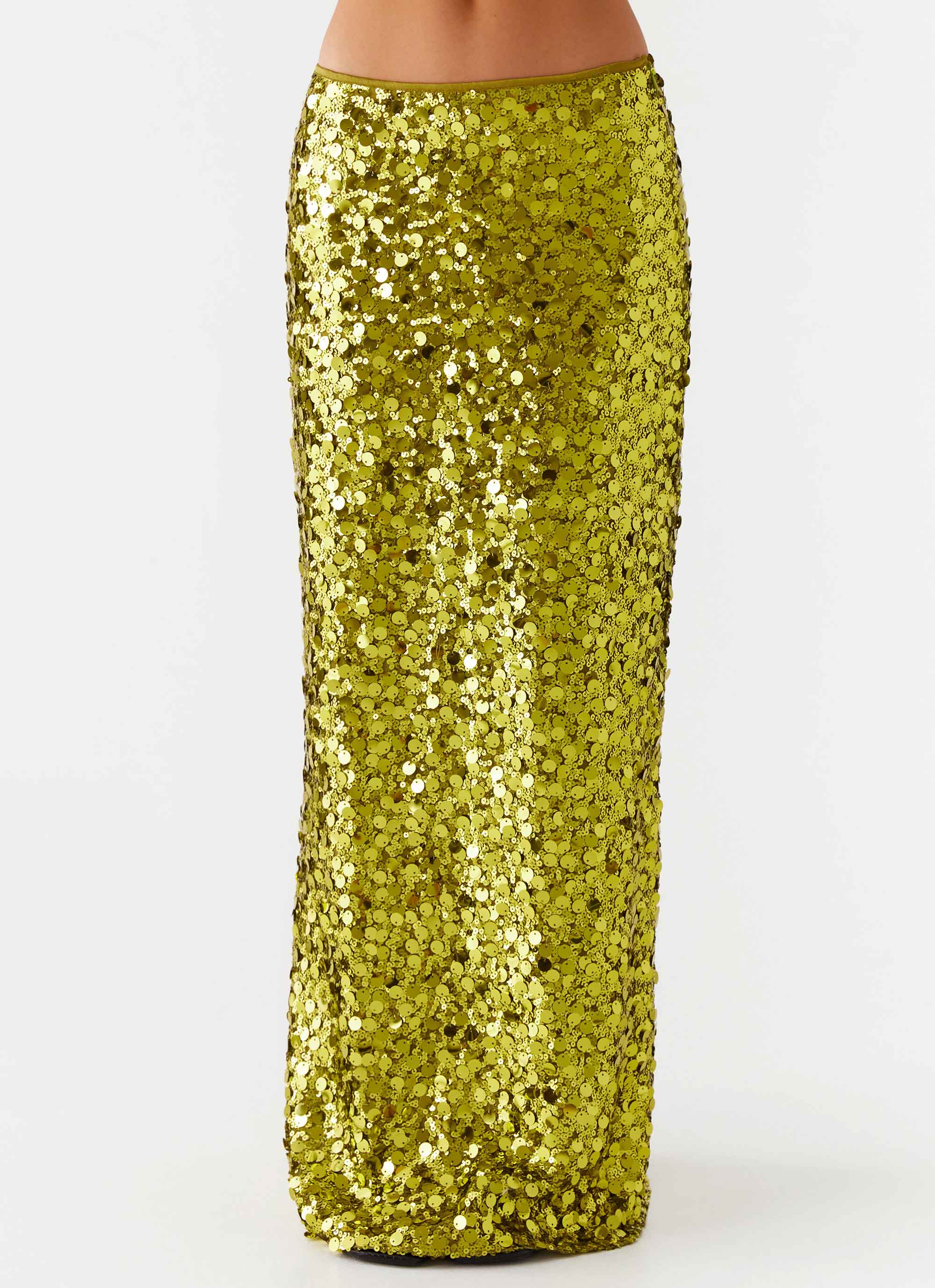 Perfect Places Low Rise Sequin Maxi Skirt Olive