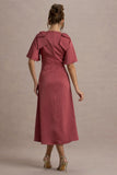 Danna Rose Pink Satin V Neck Short Sleeve Midi Dress