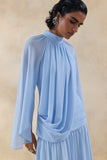 Narella Blue Chiffon High Neck Maxi Dress With Draped Detailing