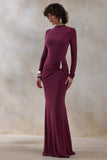 Solarium Burgundy Long Sleeve Maxi Dress With Gold Detail