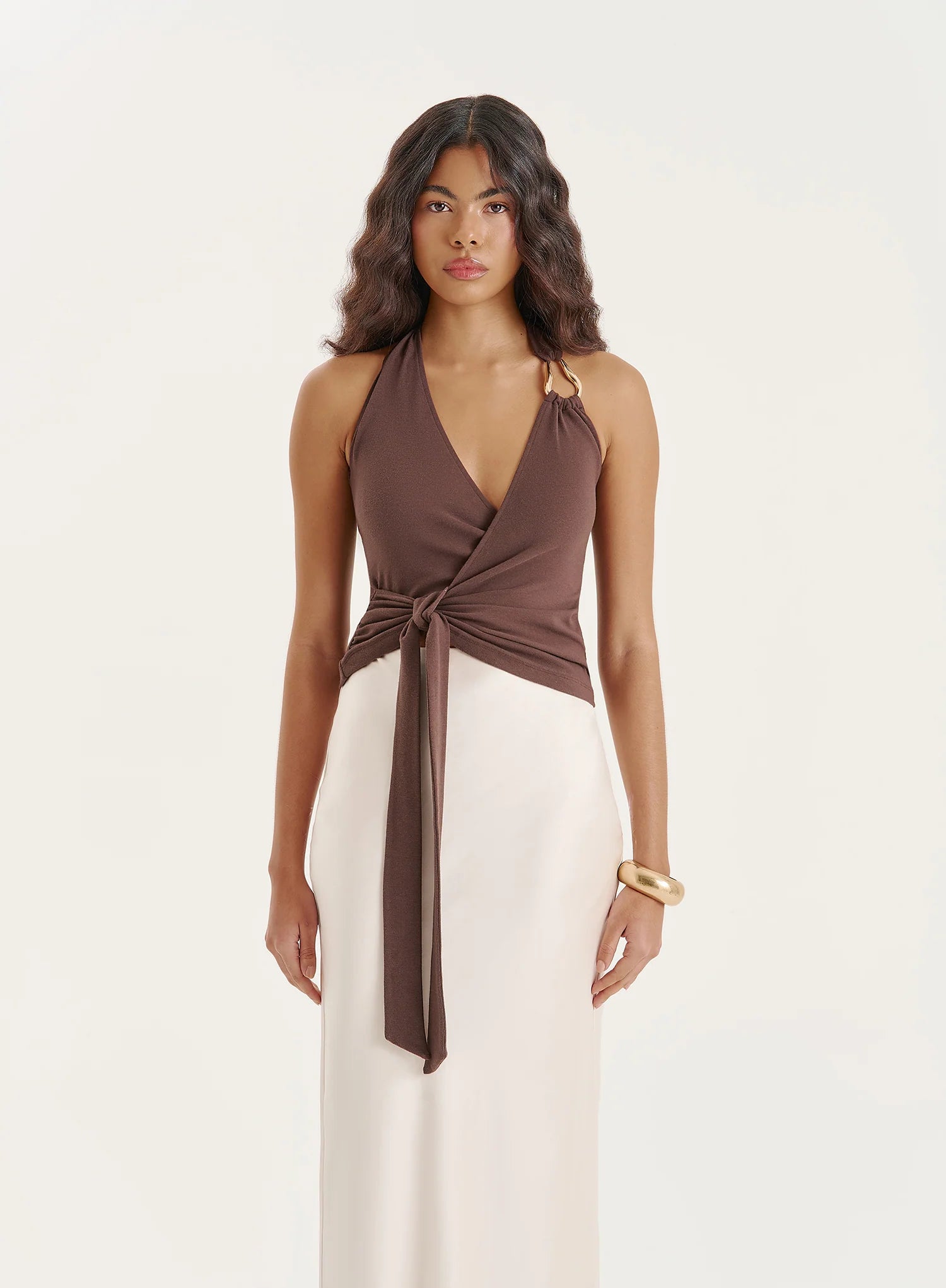 Chocolate Halter Neck Tie Wrap Top