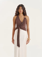 Chocolate Halter Neck Tie Wrap Top
