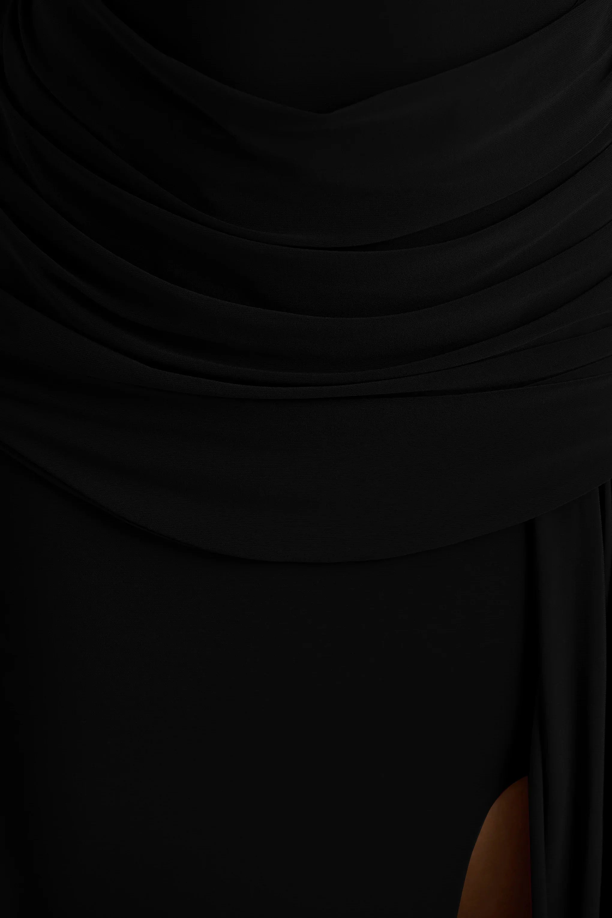 Dynasty Black Asymmetric Neck Maxi Dress With Ruched Detailing And Front High Split