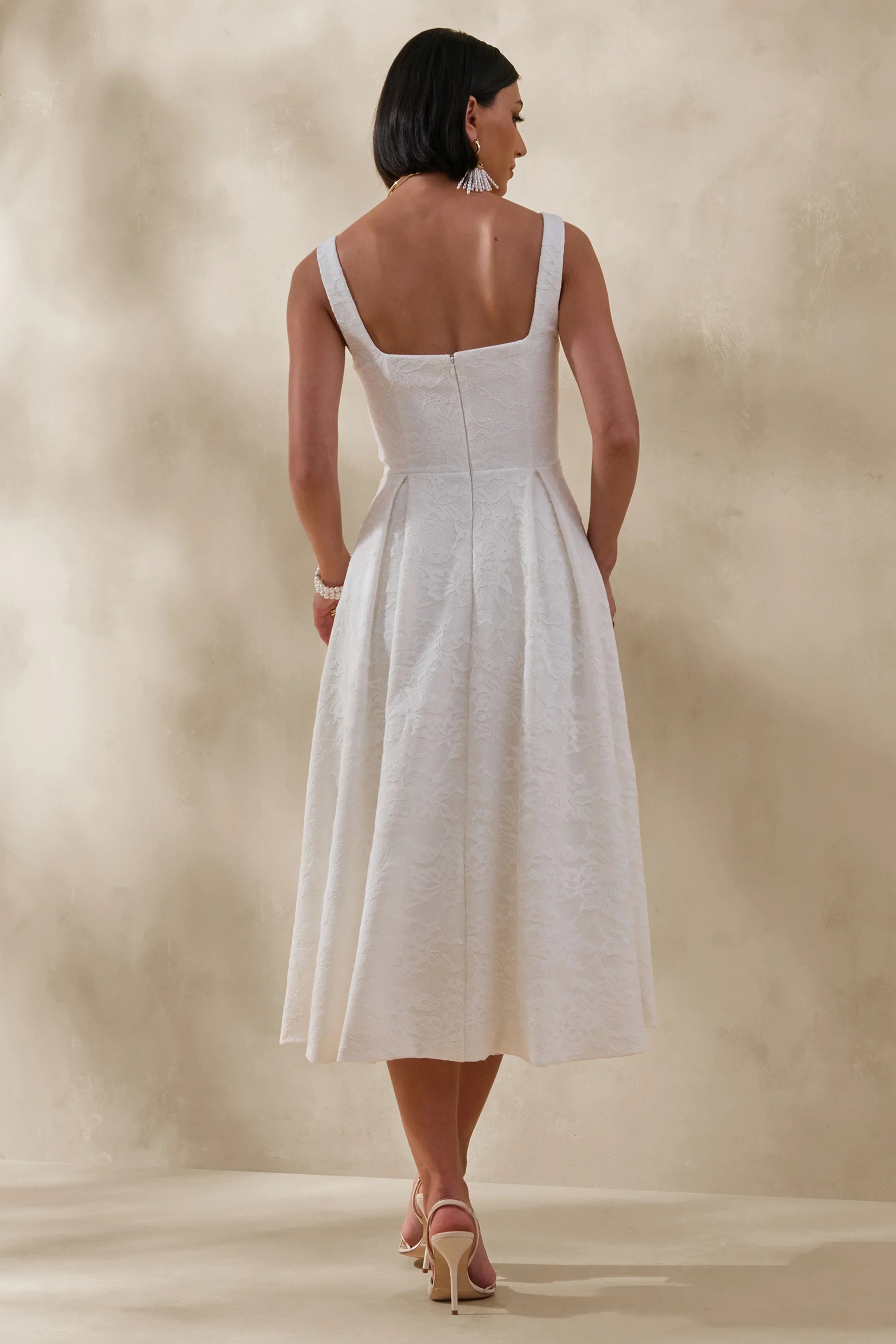 Ashmara White Lace Square Neck Midi Dress