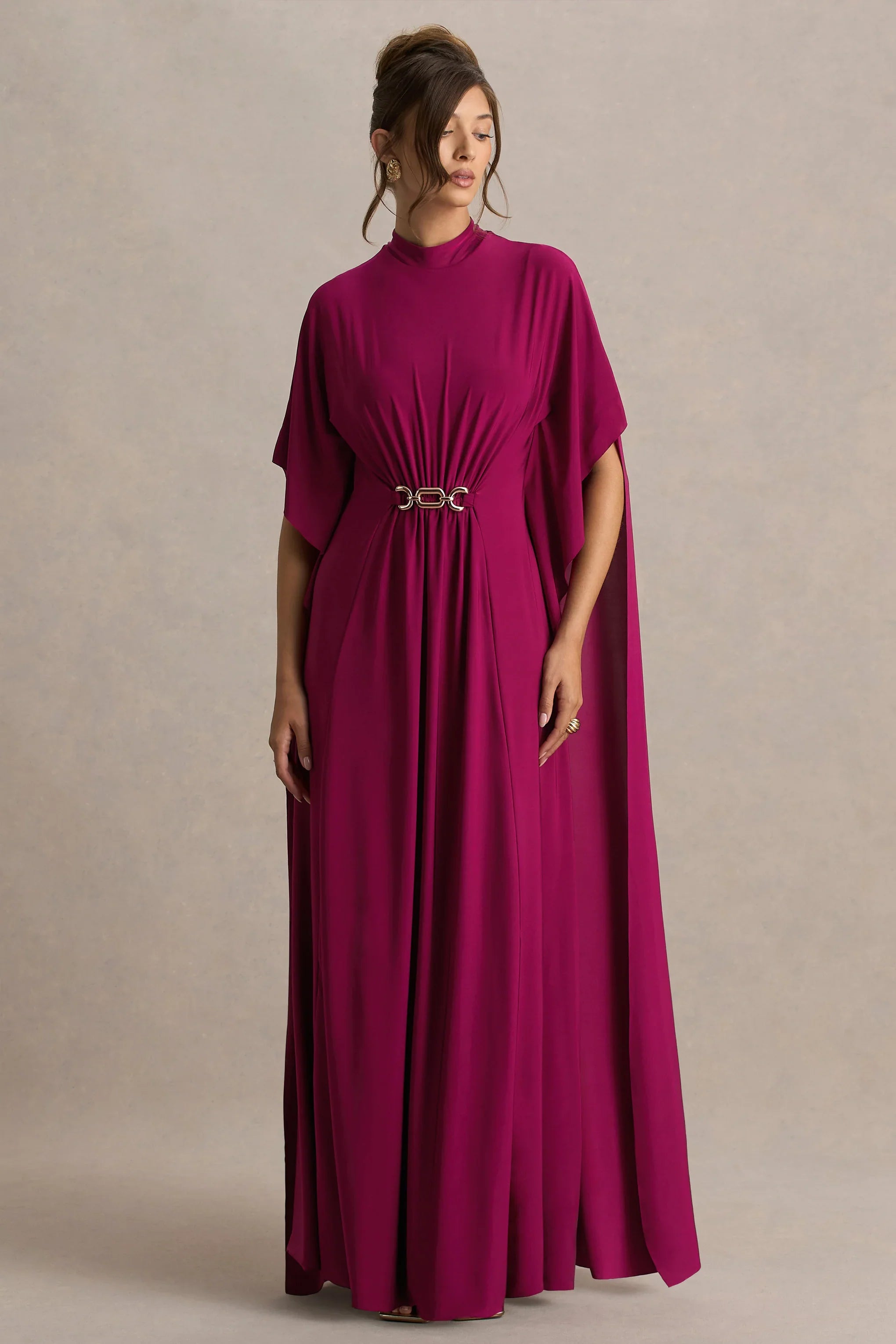 Olessia Burgundy Belted Gathered Cape Sleeve Maxi Dress