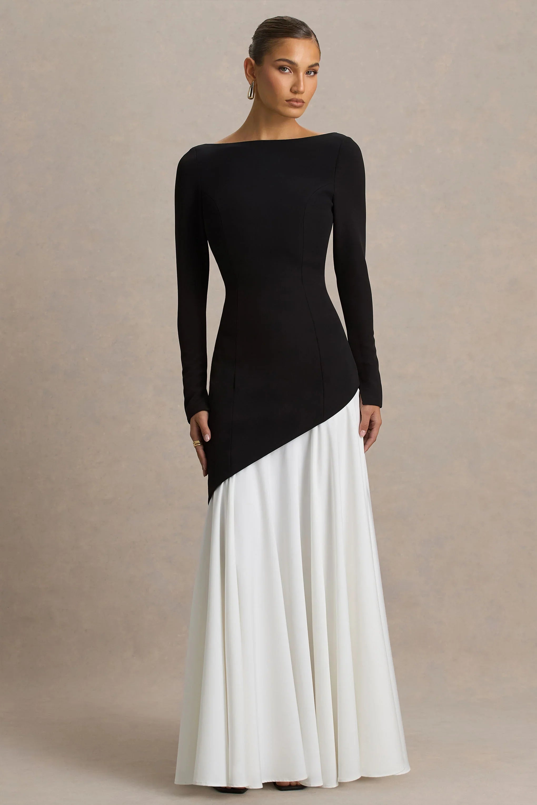 Caty Black And White Long Sleeved Maxi Dress With Asymmetric Drop Waist