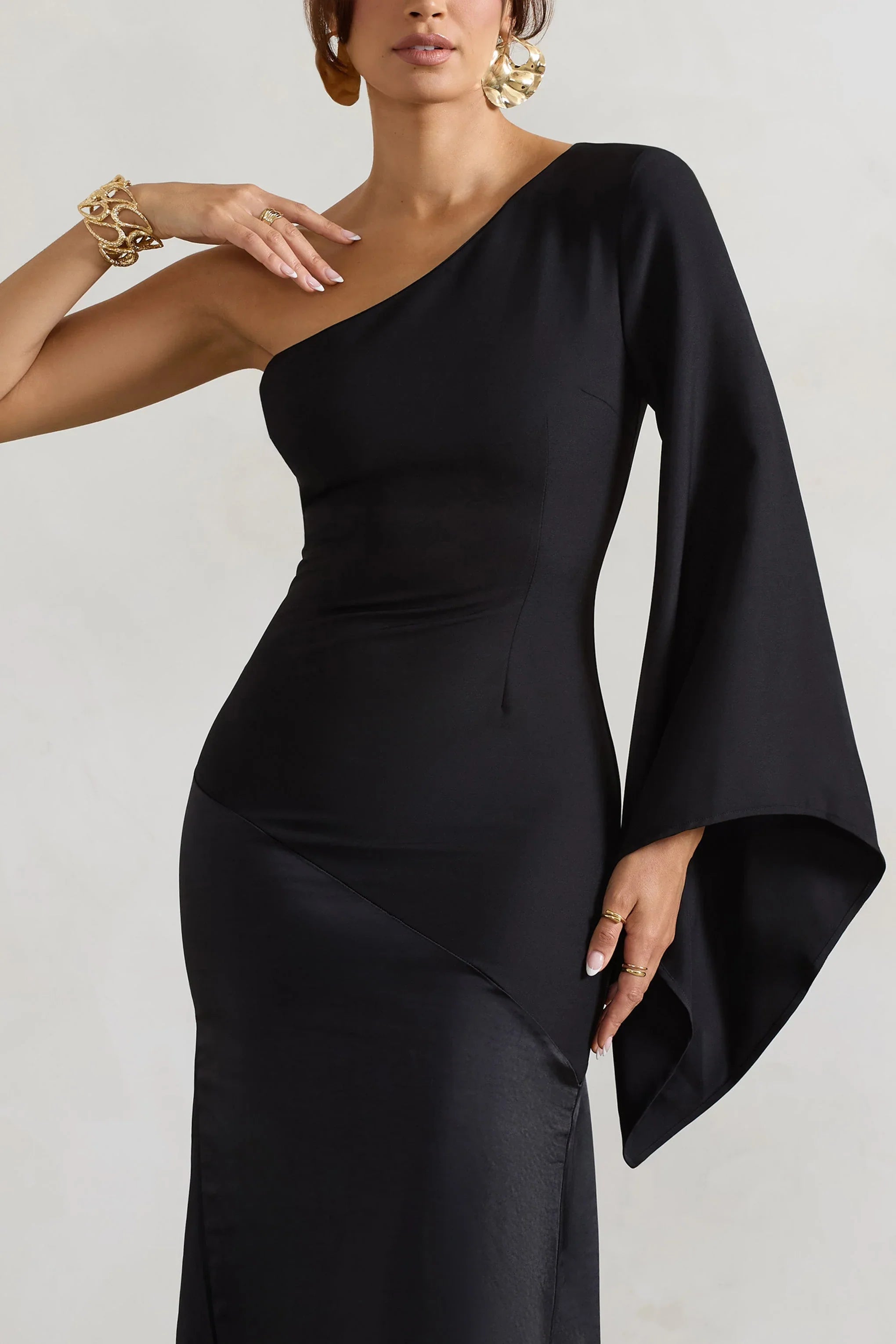 Salem Black Asymmetric Cape Sleeve Maxi Dress With Satin Skirt