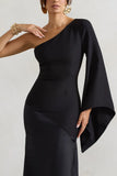 Salem Black Asymmetric Cape Sleeve Maxi Dress With Satin Skirt