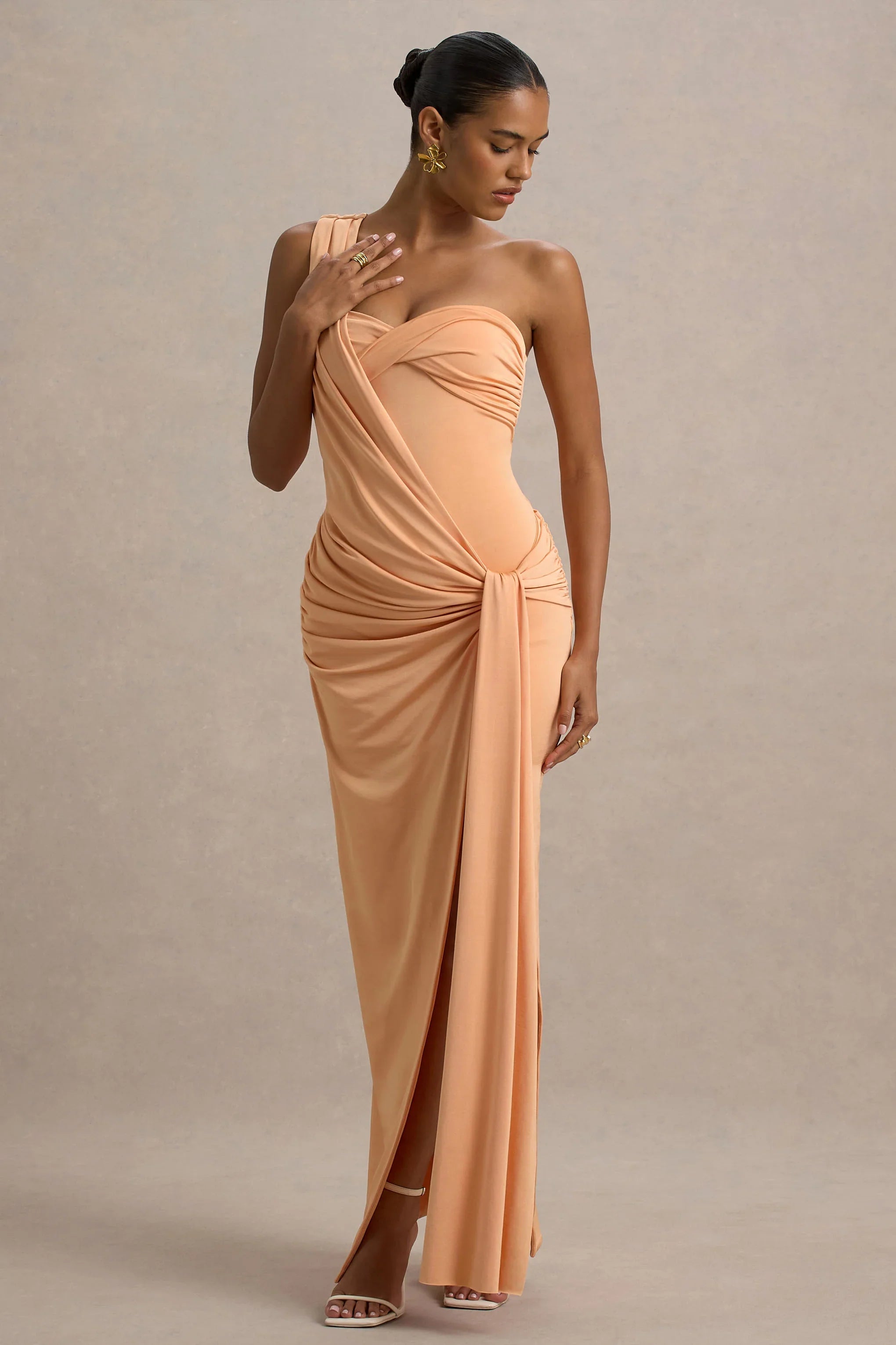 Erminia Peach One Shoulder Twist Wrap Maxi Dress