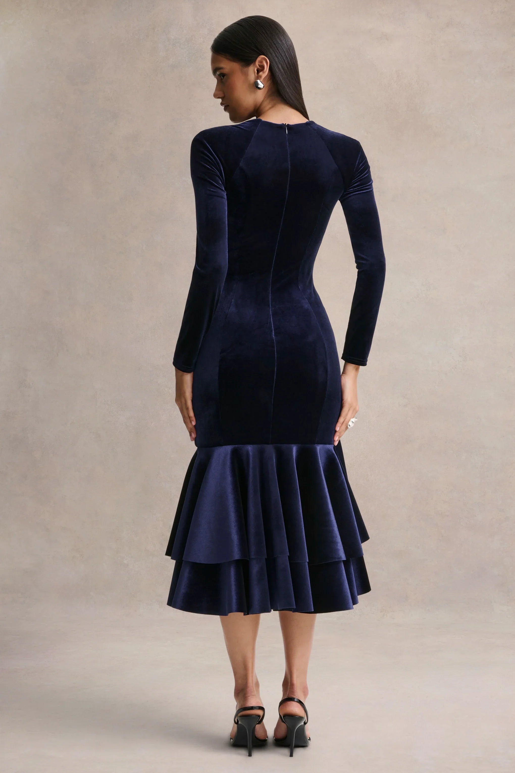 Emberlyn Navy Velvet Scoop Neck Fishtail Midi Dress