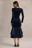 Emberlyn Navy Velvet Scoop Neck Fishtail Midi Dress