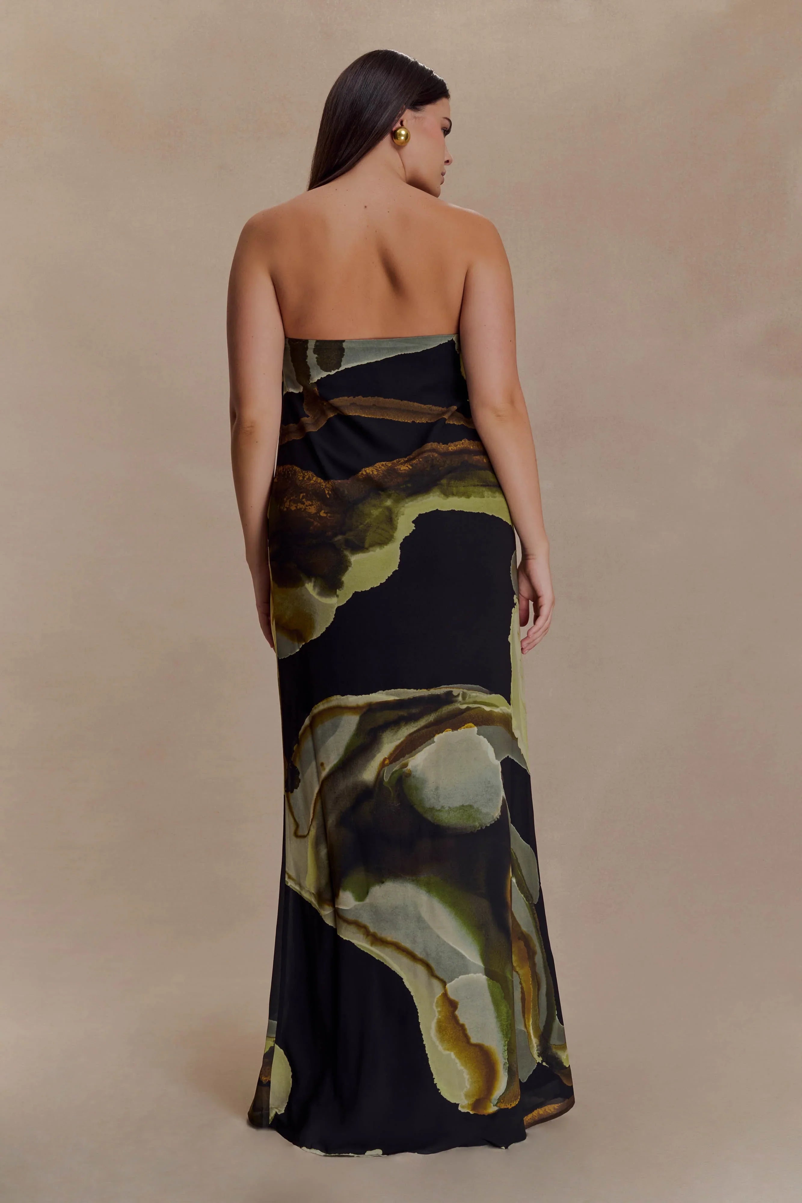 Amaya Strapless Chiffon Maxi Dress Green Fluid Reverie Print