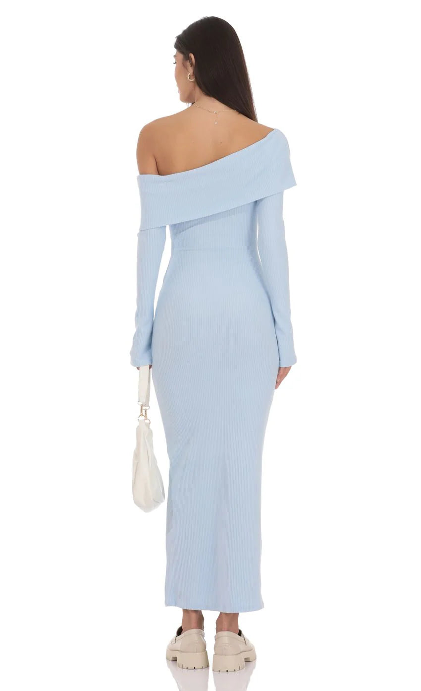 Ribbed Off Shoulder Maxi Dress in Light Blue