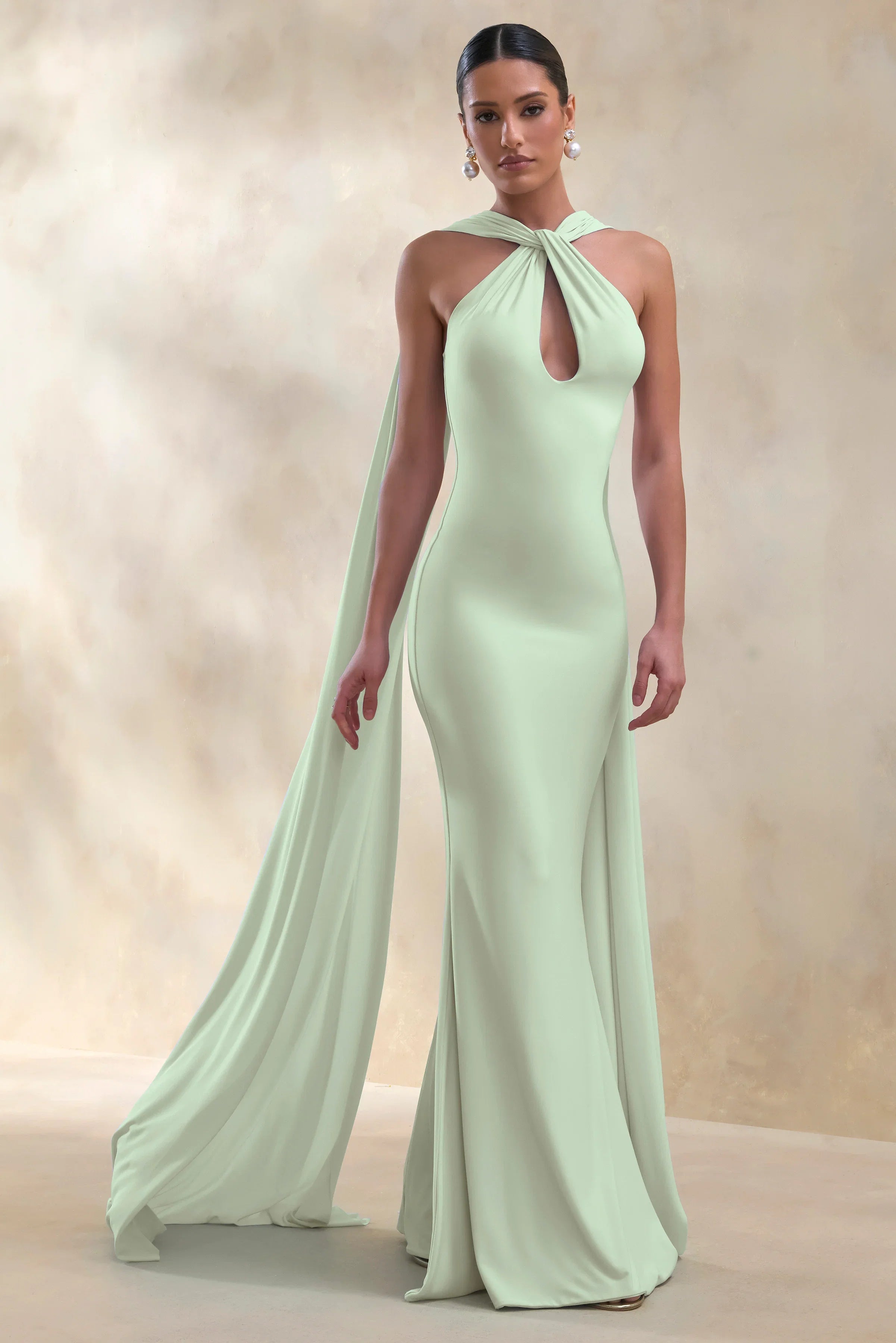 Rhoda Mint Twist Halter Neck Cape Maxi Dress