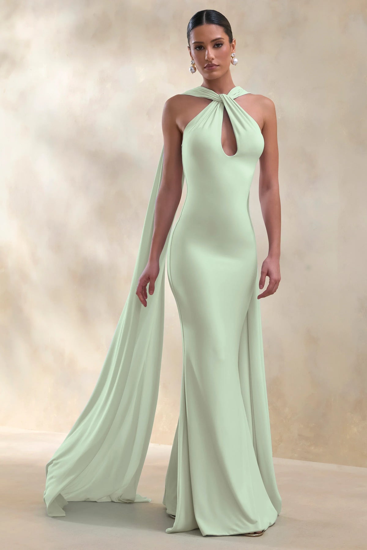 Rhoda Mint Twist Halter Neck Cape Maxi Dress