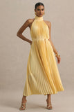Tulip Lemon Pleated High Neck Midi Dress