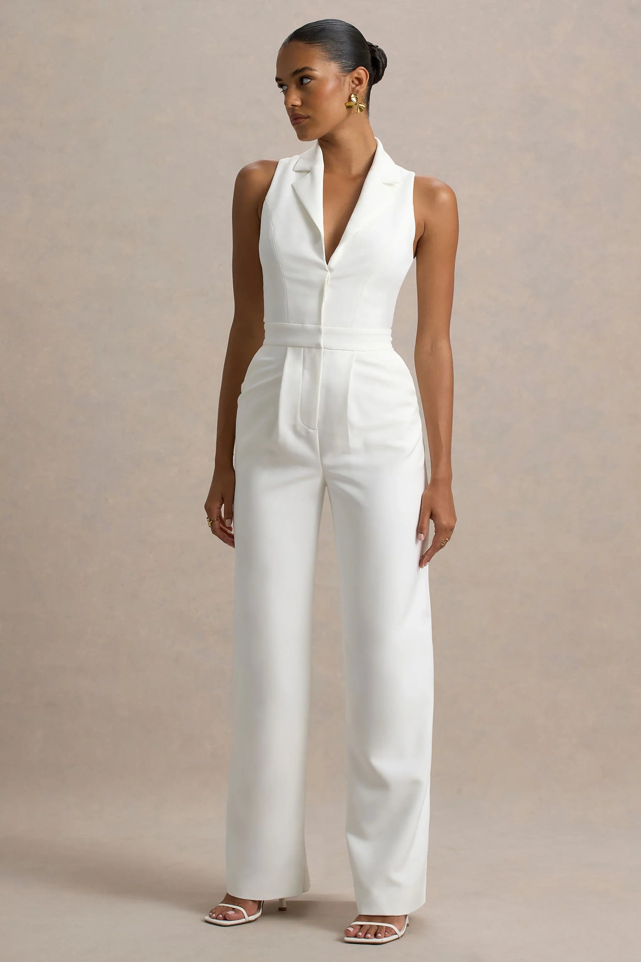 Trixie White Plunge Neck Tailored Jumpsuit