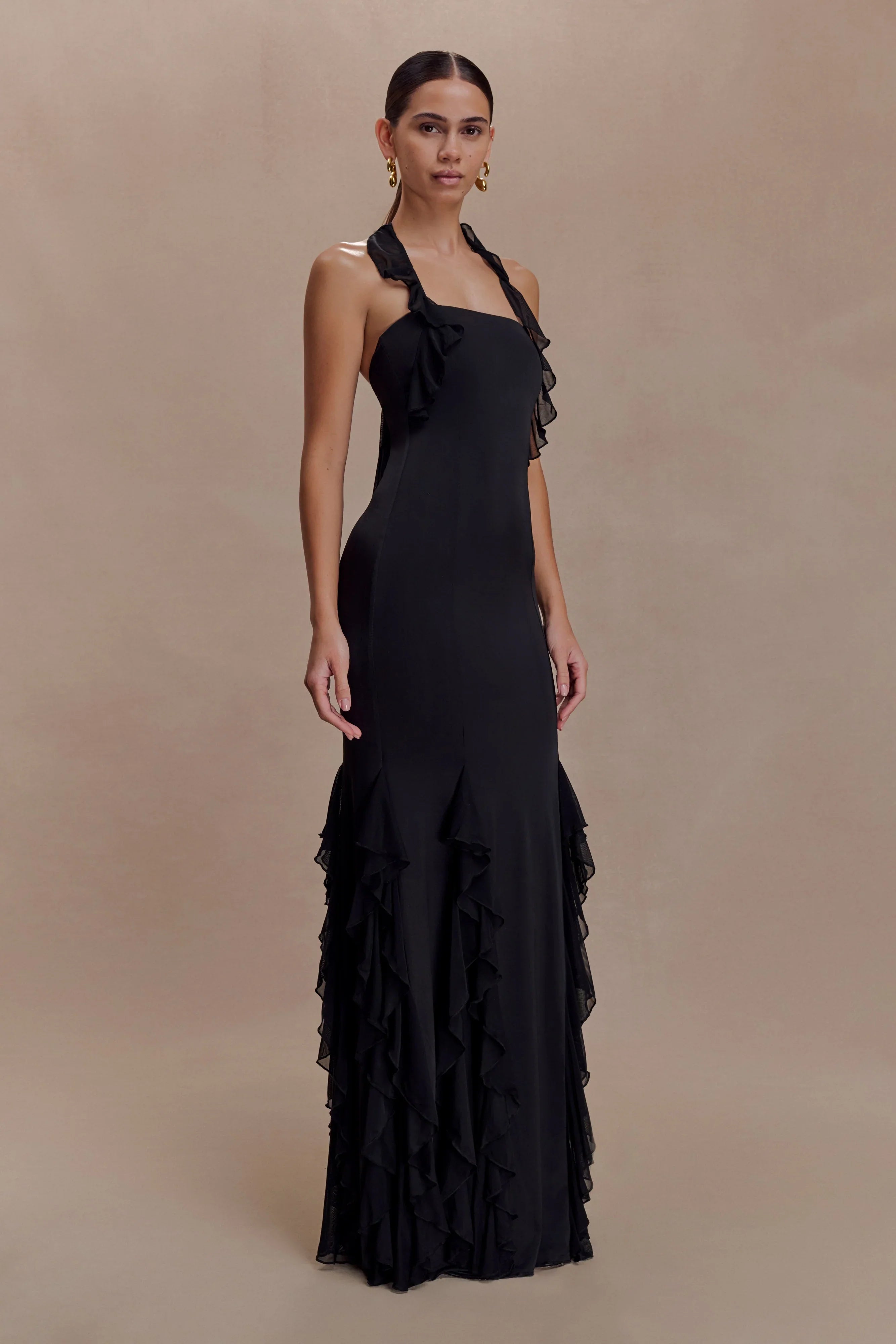 Etta Ruffle Slinky Maxi Dress Black