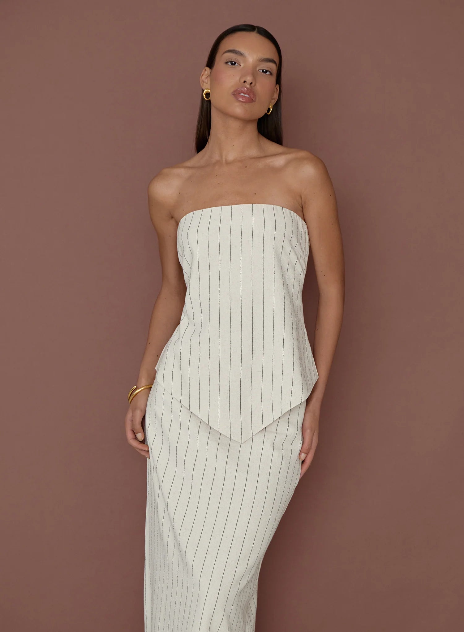 Beige Striped Linen Bandeau Top
