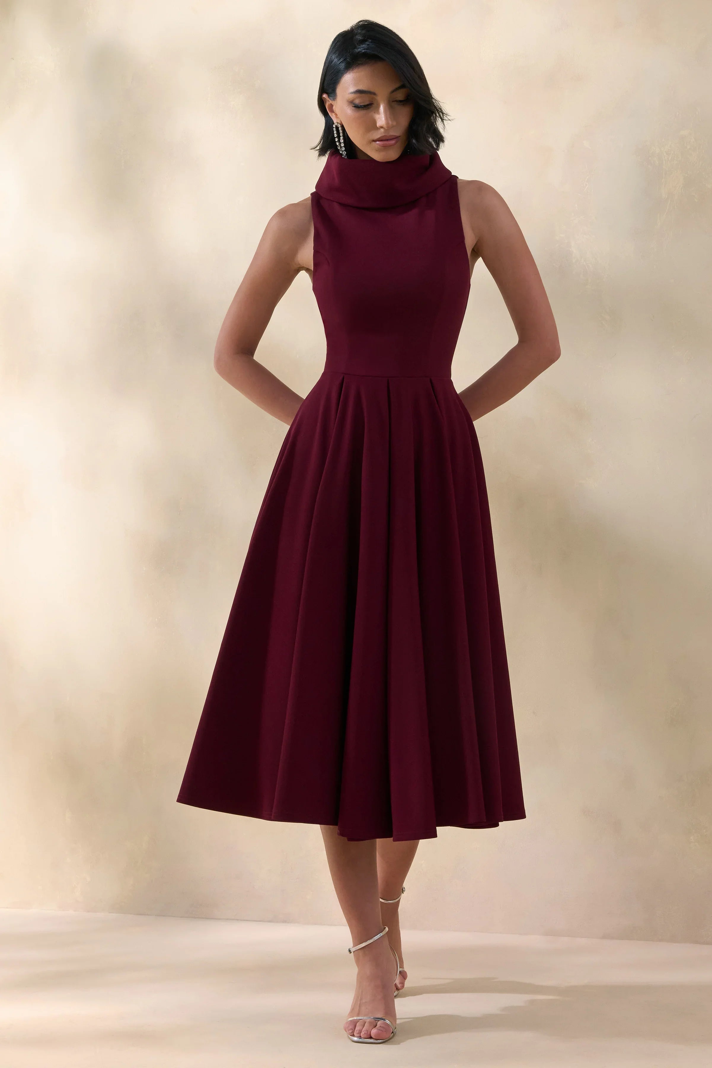Exclusivity Burgundy High Neck Midi Dress
