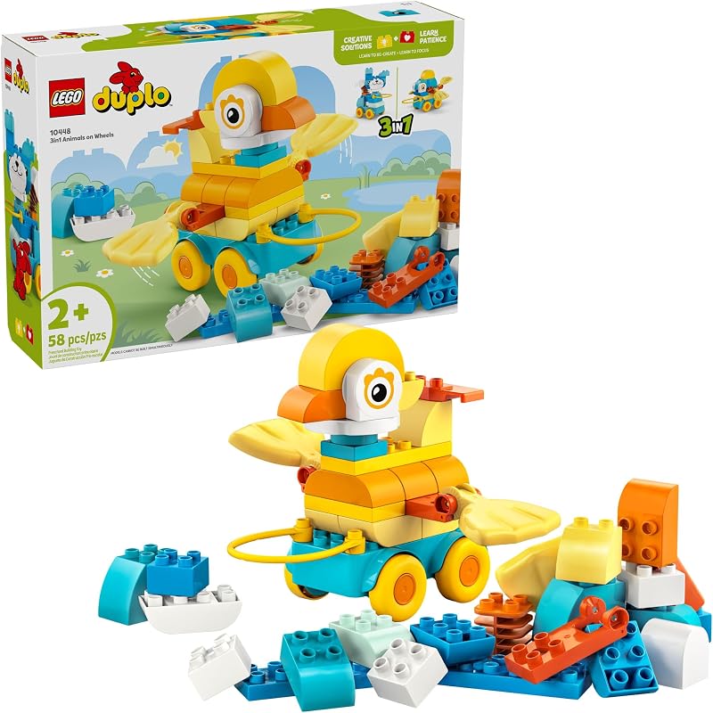LEGO DUPLO Town 3 in 1 Animals on Wheels Building Toy Learning Play Set for Toddler Boys Girls Ages 2 Animal Building Blocks for Sensory Skills Practice Pretend Play Gift Idea 10448