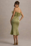 One And Only Light Green Satin Feather Trim Bandeau Midi Dress