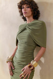 Parisia Olive Round Neck Midi Dress With Cape Detail