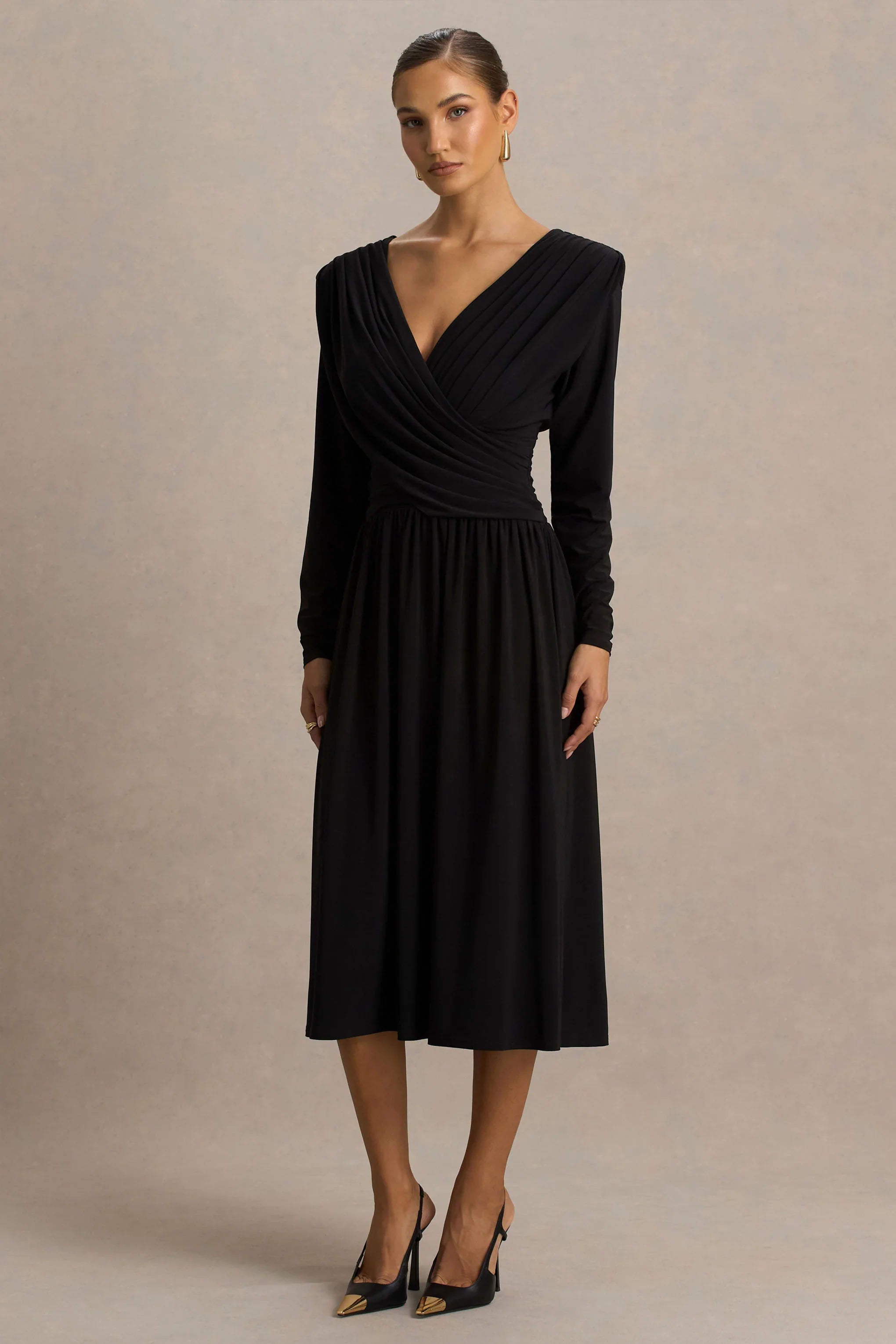Alexis Black Plunge Neck Midi Dress With Draped And Ruched Detailing