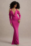 Hurghada Hot Pink Plunge Neck Long Sleeve Maxi Dress