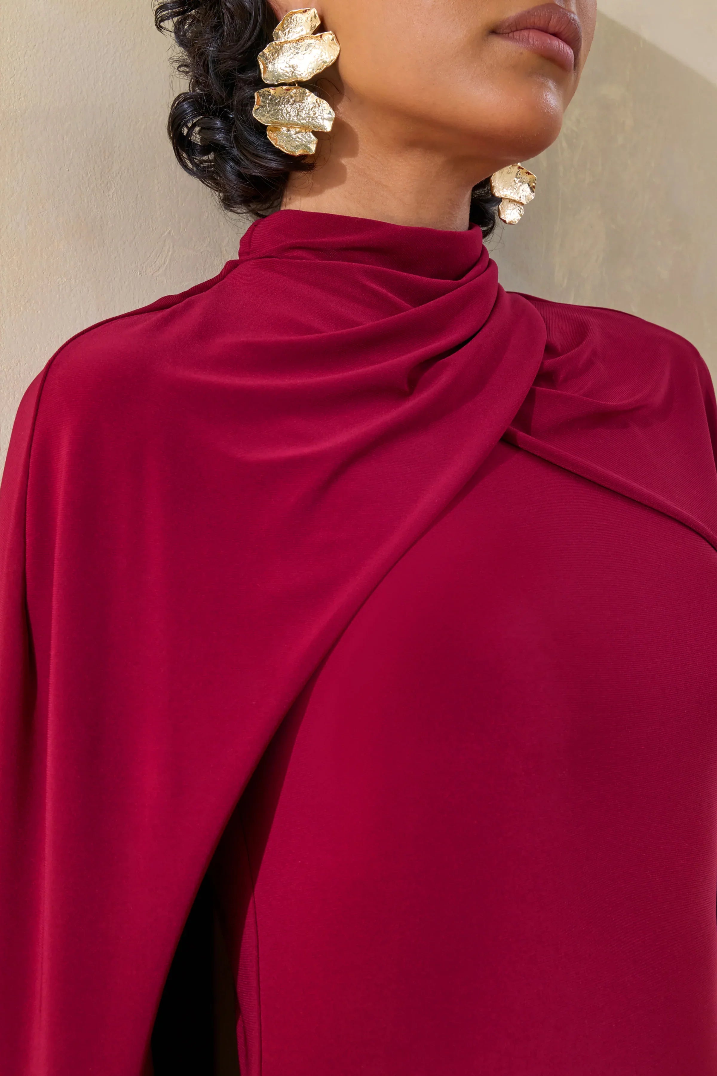 Dianelle Berry High Neck Maxi Dress With Cape Sleeves