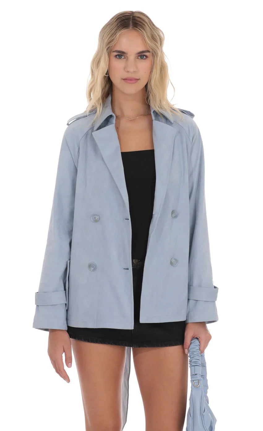 Suede Double Breasted Trench Coat in Sky Blue