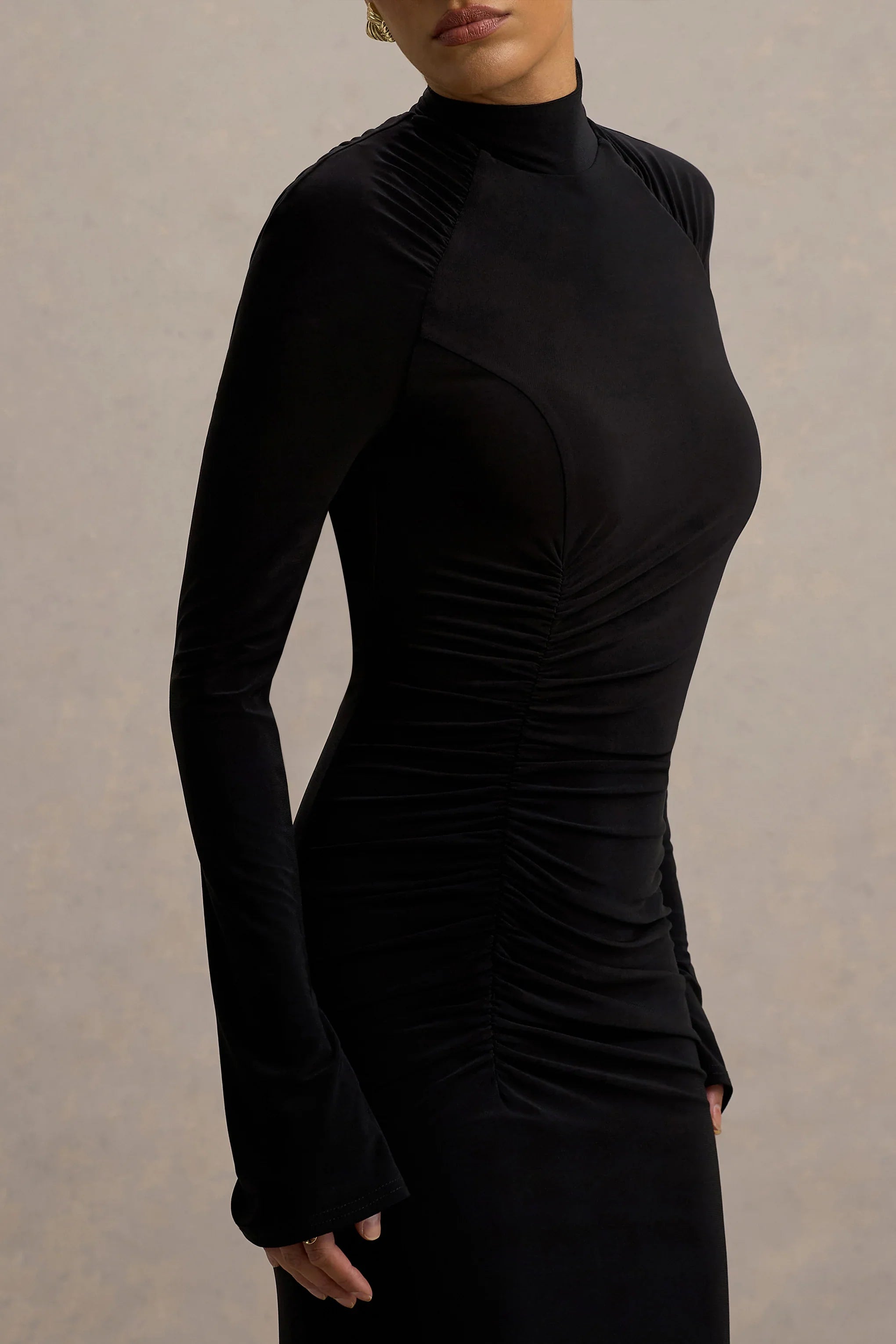 Cassandra Black High Neck Long Sleeve Midi Dress