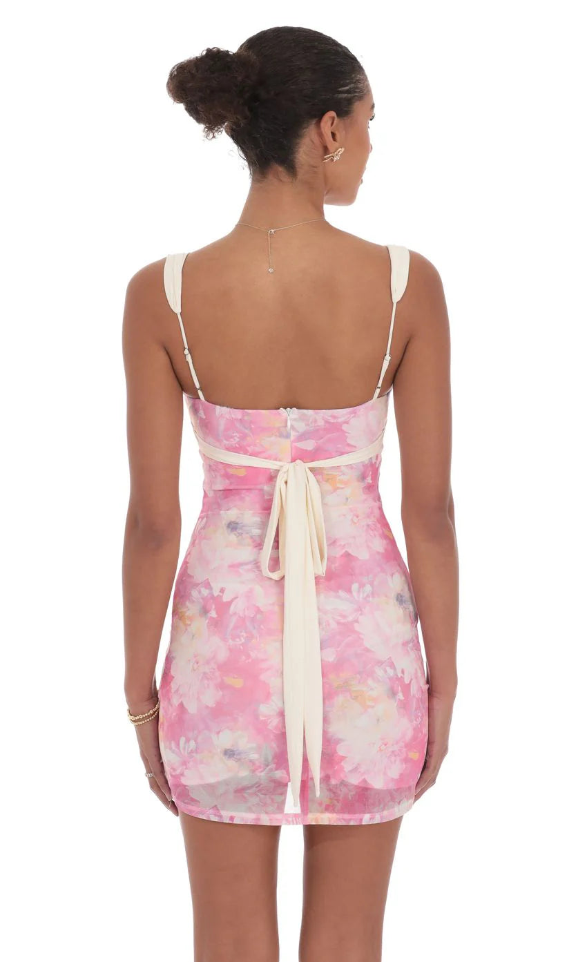 Two Tone Floral Mesh Bodycon Dress in Pink