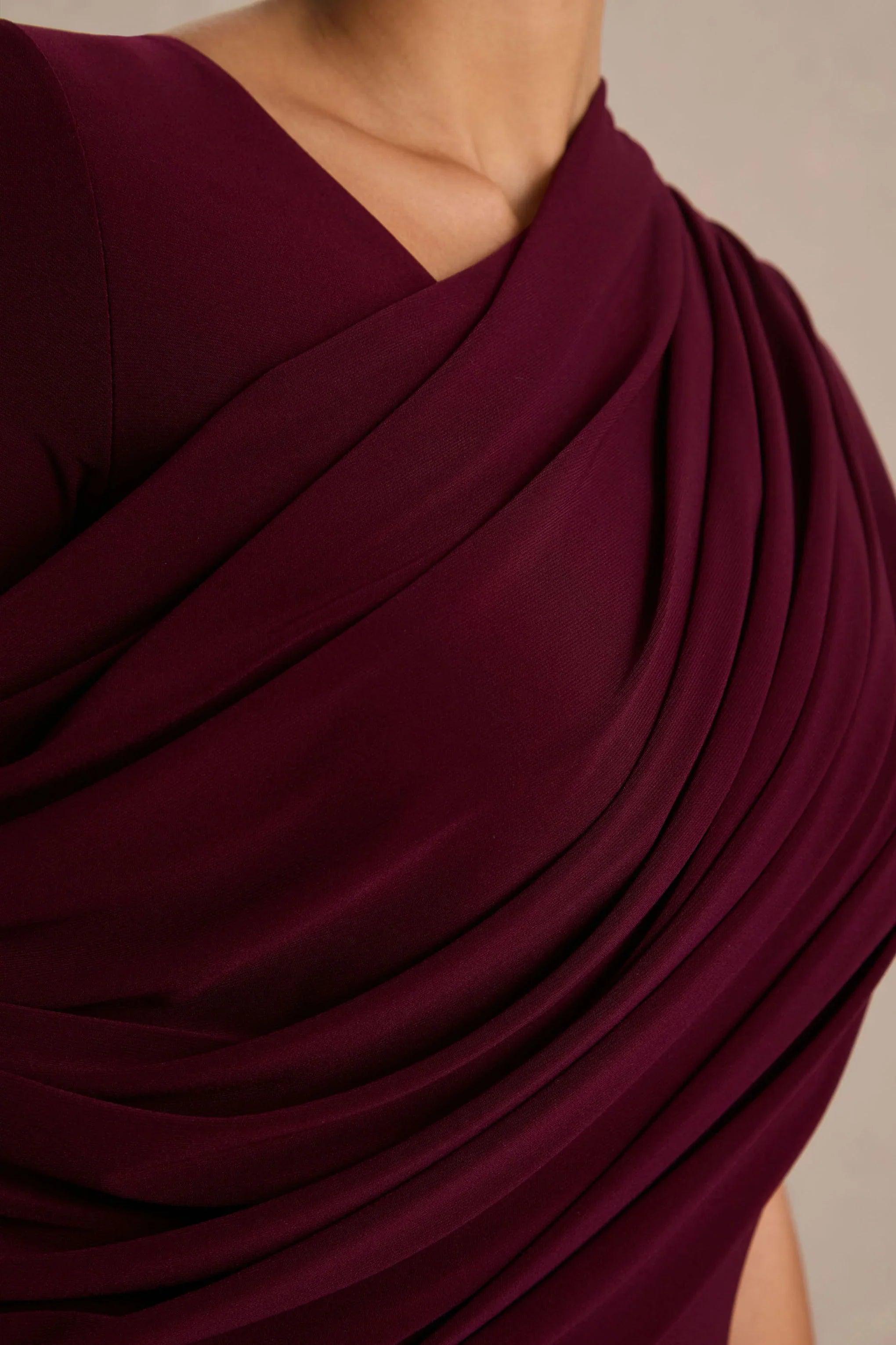 Rubelle Burgundy Asymmetric Neck Maxi Dress With Draped Detailing