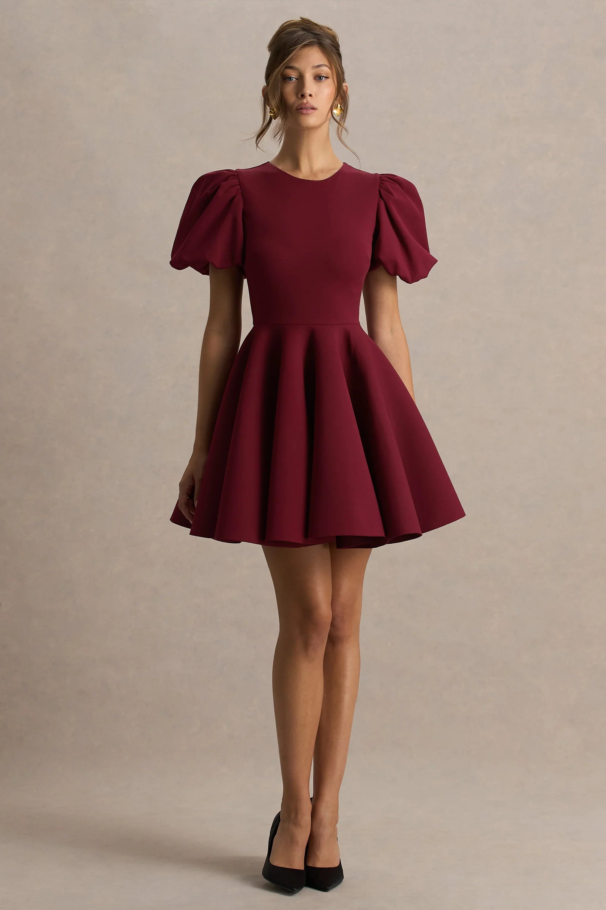 Emelia Burgundy Puff Sleeve Skater Mini Dress