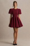 Emelia Burgundy Puff Sleeve Skater Mini Dress
