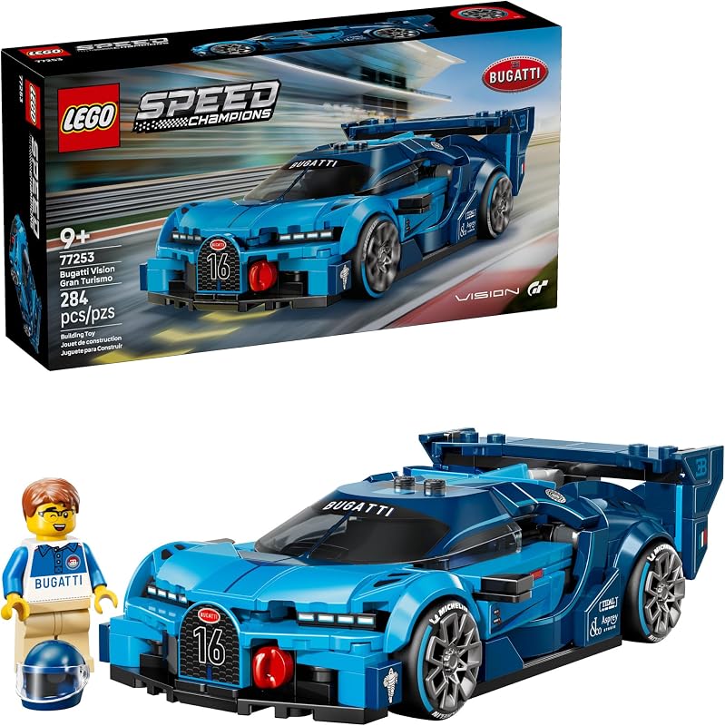 LEGO Speed Champions Bugatti Vision Gran Turismo Hyper Sports Car Building Toy for Kids Gamers Building Set W Bugatti Driver Minifigure for Boys Girls Ages 9 Gift Idea for Birthdays 77253