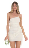 Mesh One Shoulder Tassel Dress in Ivory
