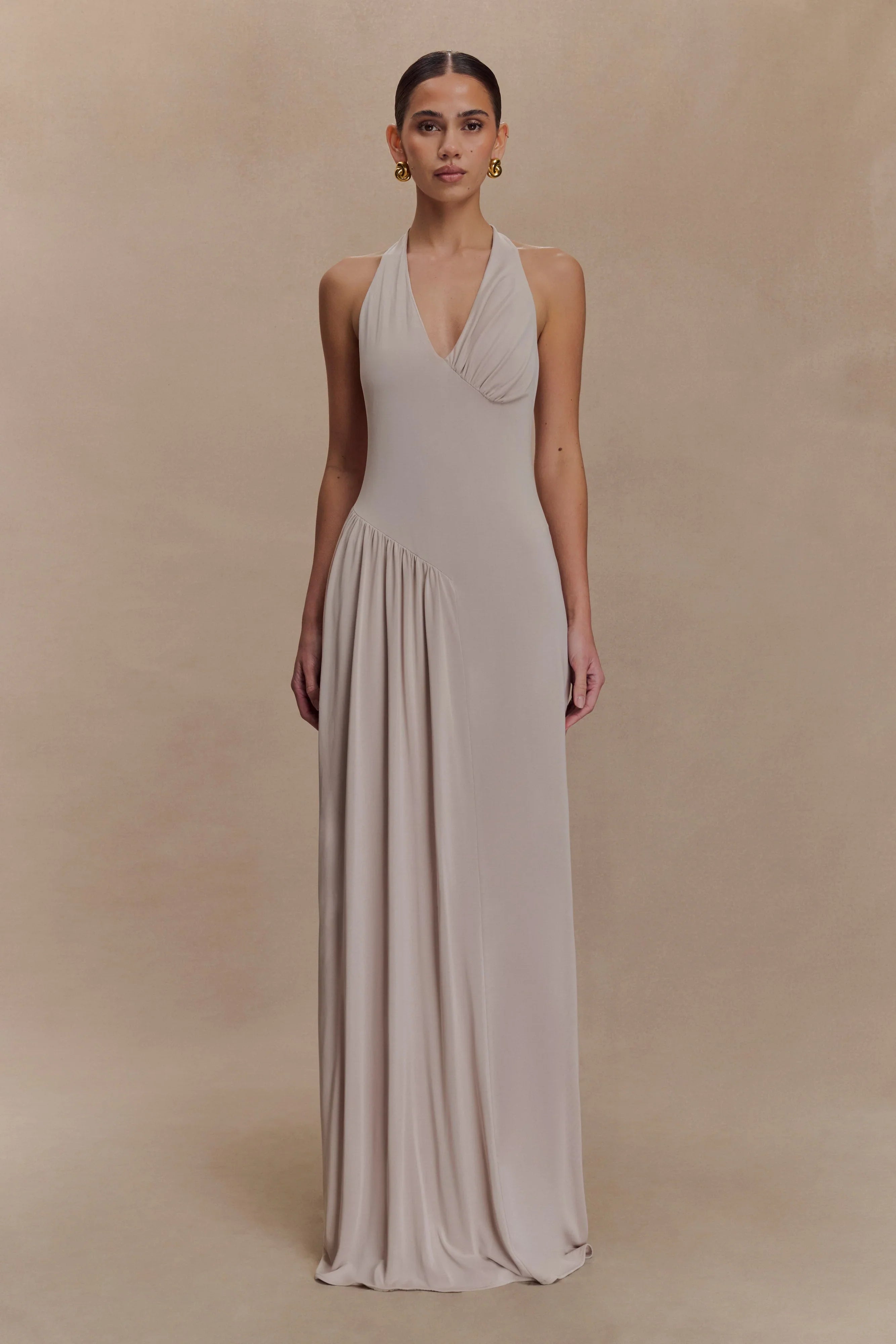 Yelena Ruched Halter Maxi Dress Taupe