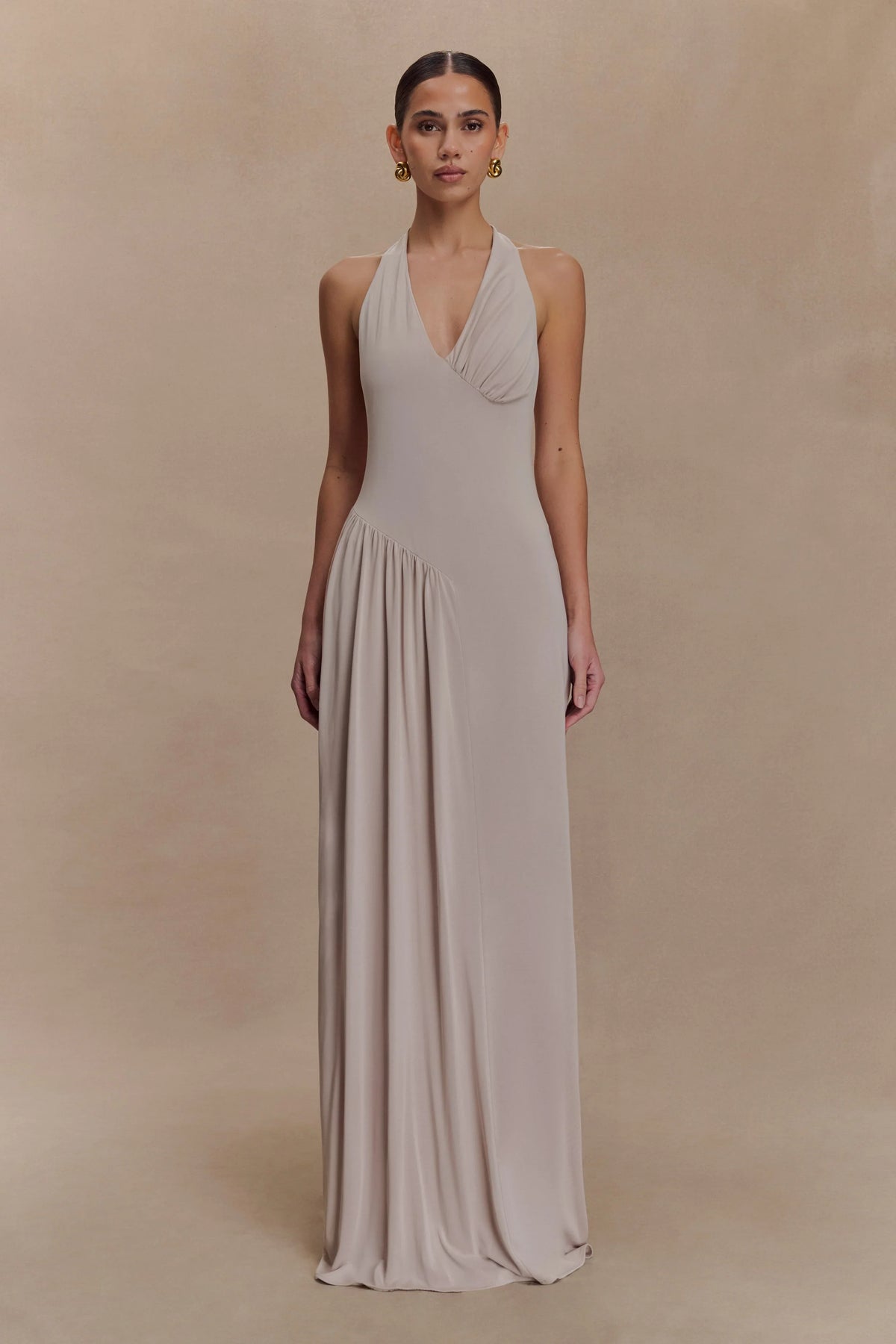 Yelena Ruched Halter Maxi Dress Taupe