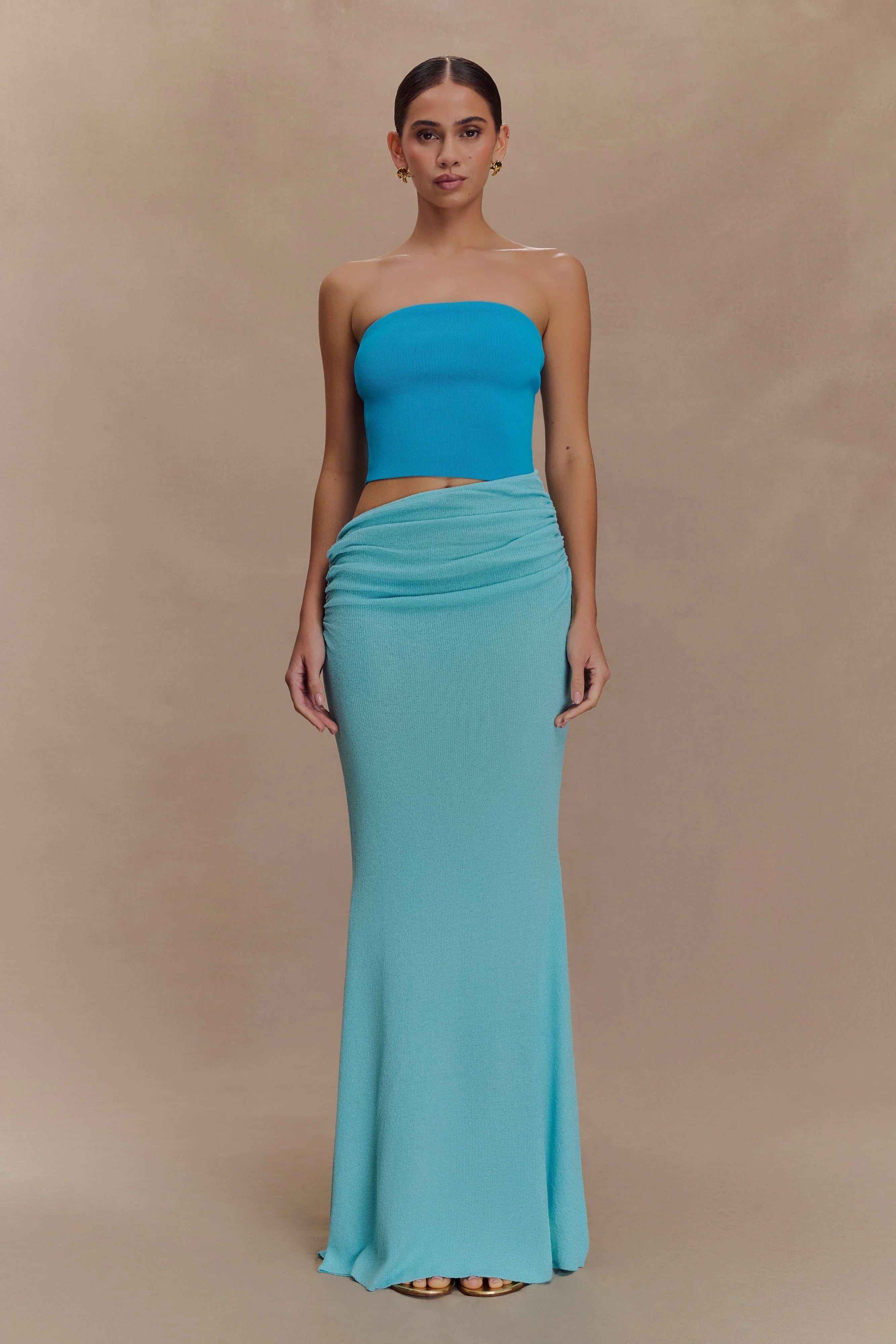 Jasiel Strapless Knit Maxi Dress Cyan Blue