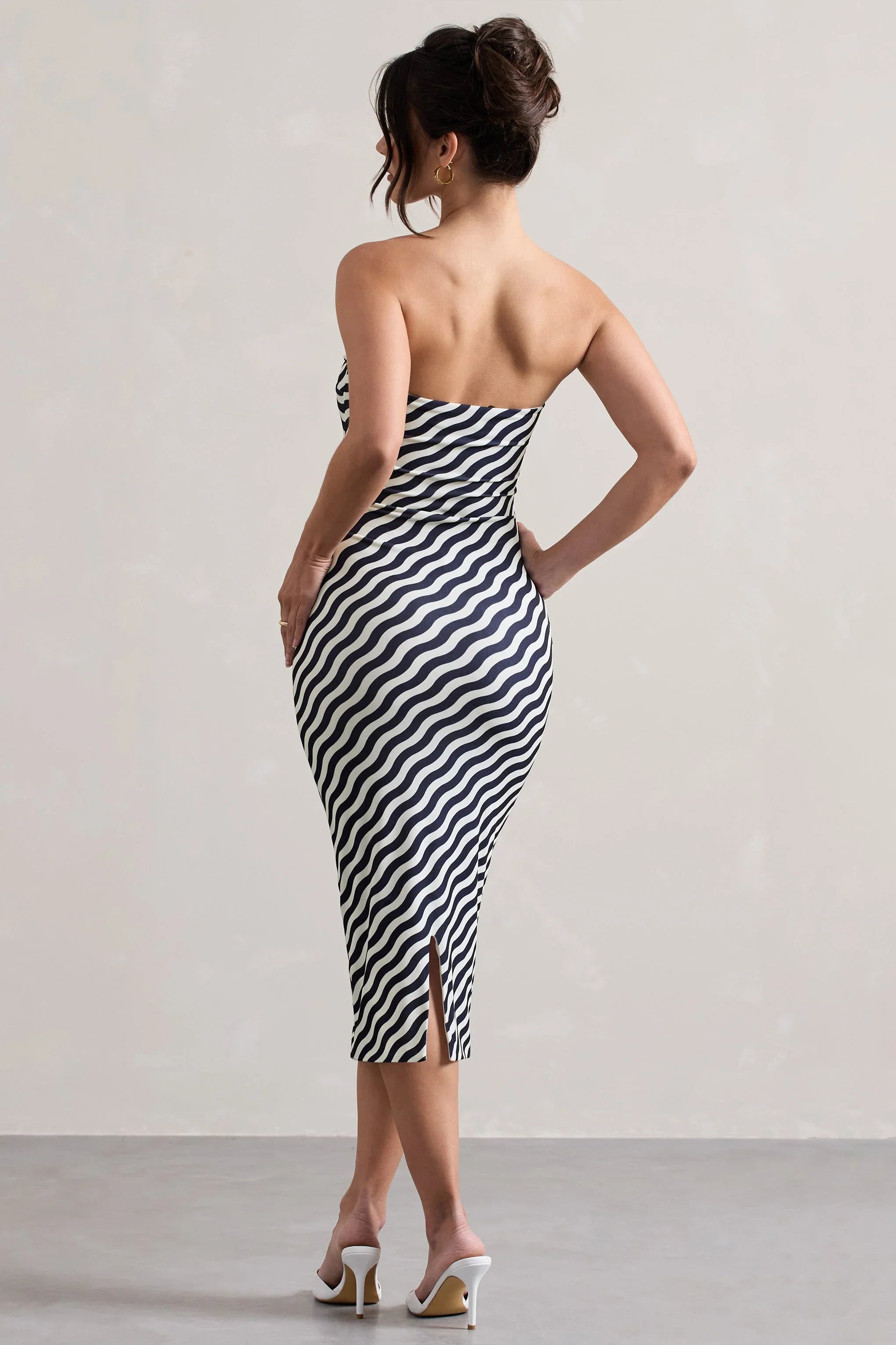 Reese Navy Wave Print Strapless Midi Dress