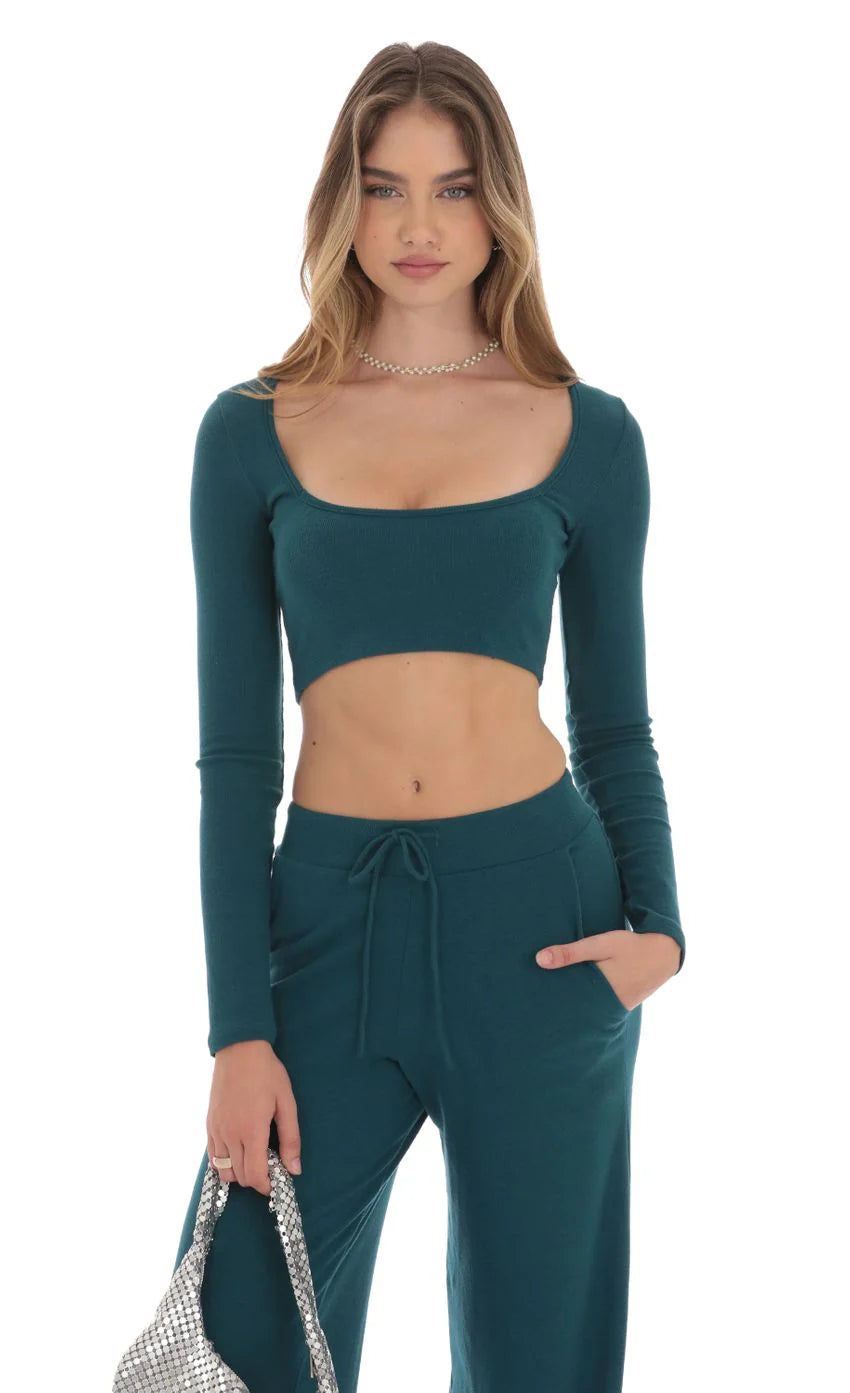Cropped Ribbed Top in Teal
