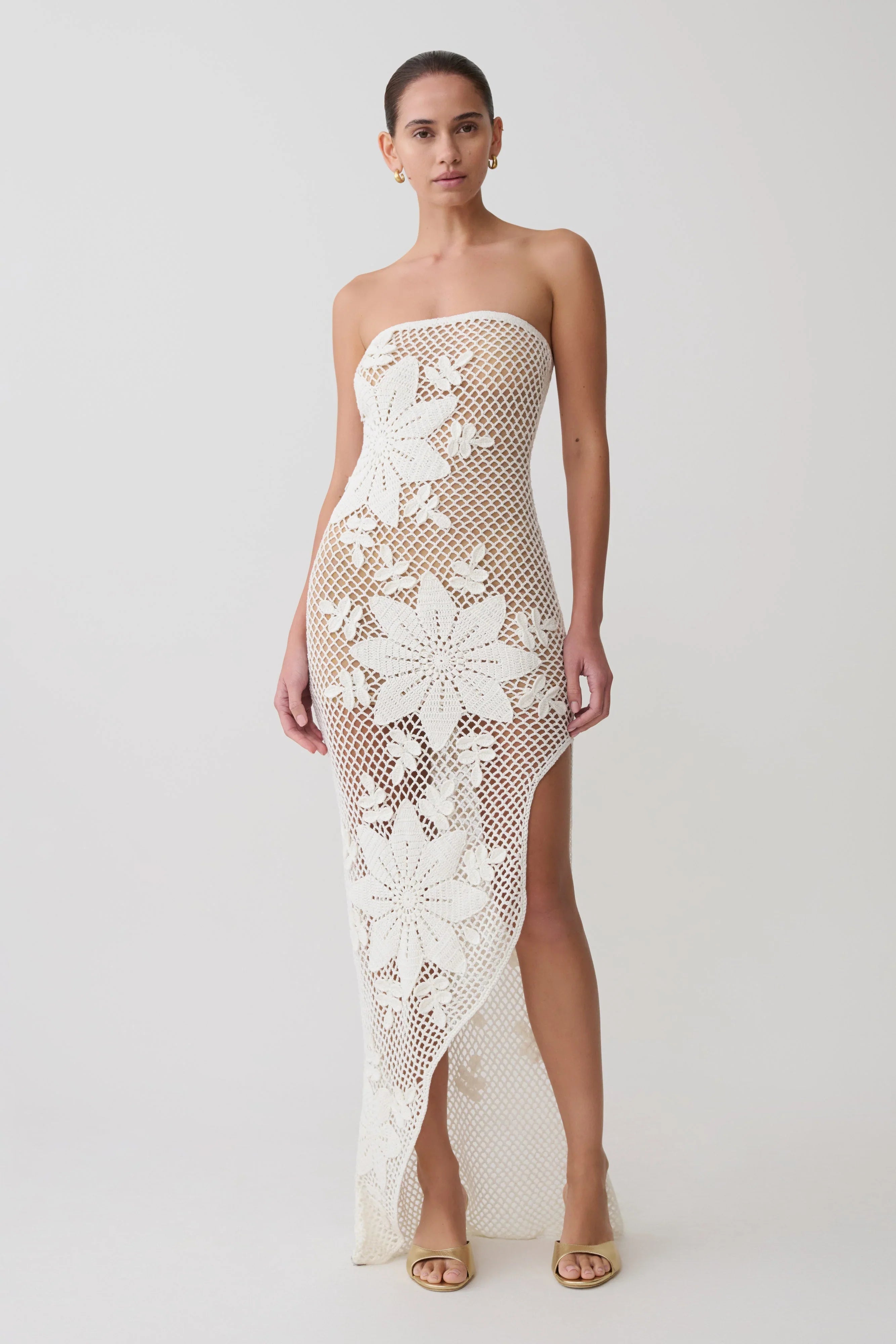 Mandie Hand Crochet Asymmetrical Maxi Dress White