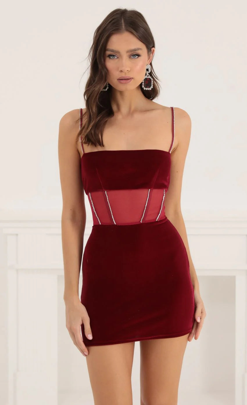 Velvet Rhinestone Corset Dress in Red