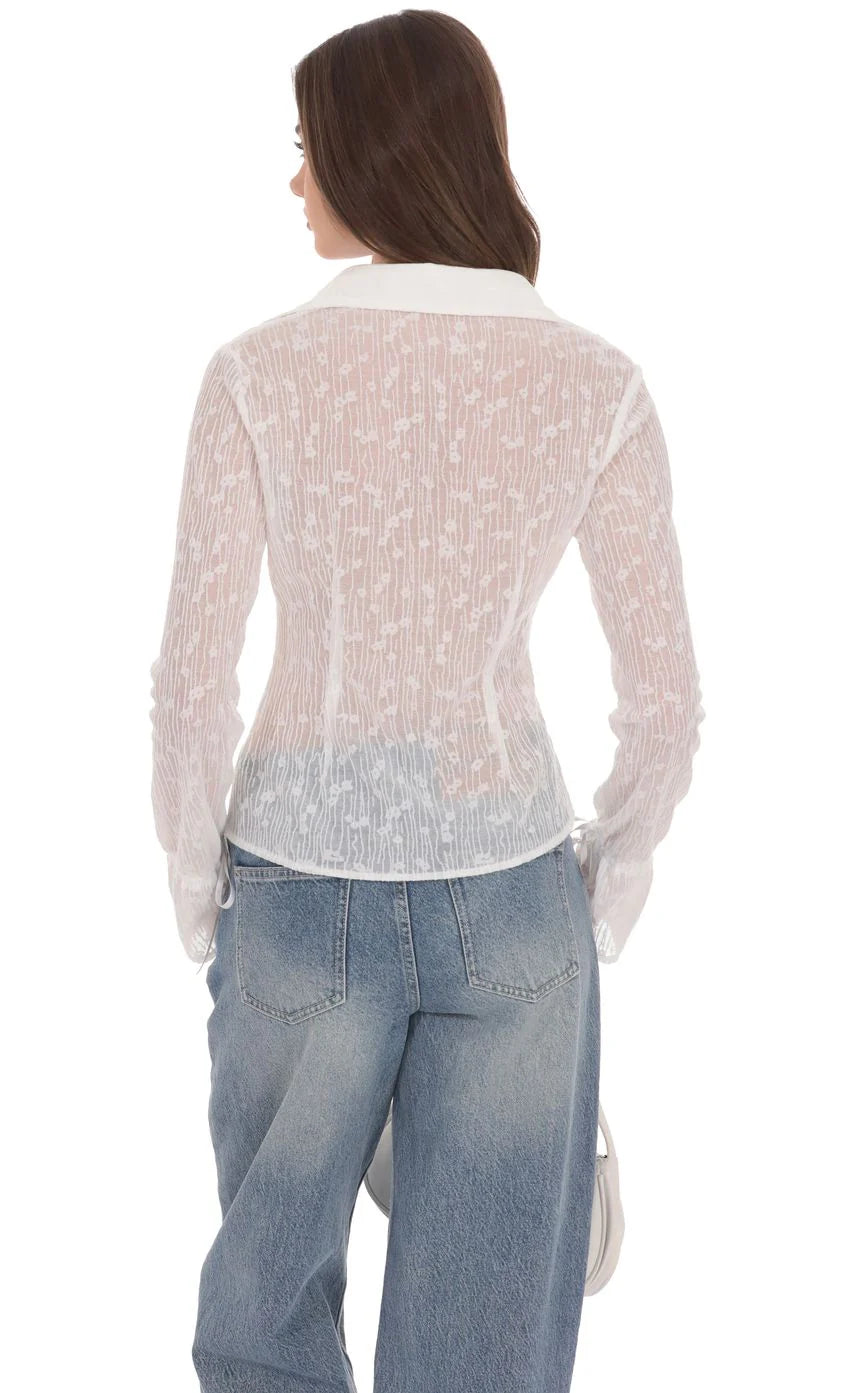 Sheer Mesh Button Up Top in White