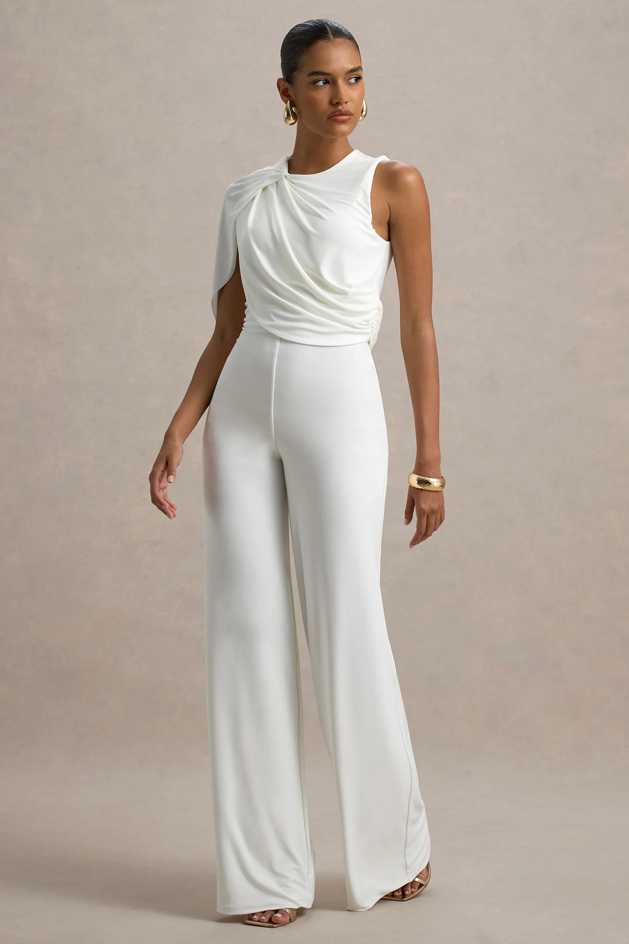 Opulence White Jumpsuit With Cape Sleeve and Draped Details