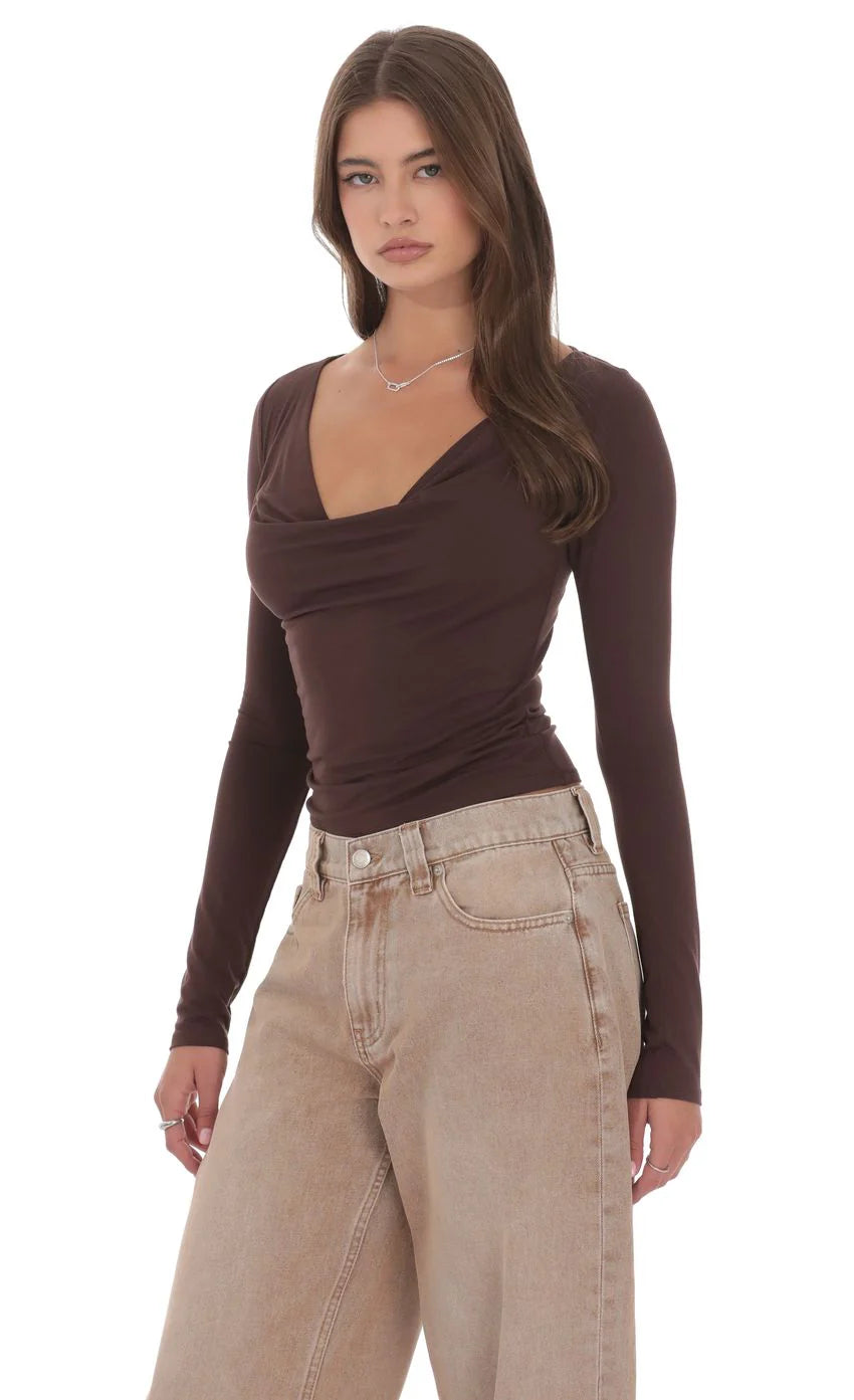 Cowl Neck Long Sleeve Top in Brown