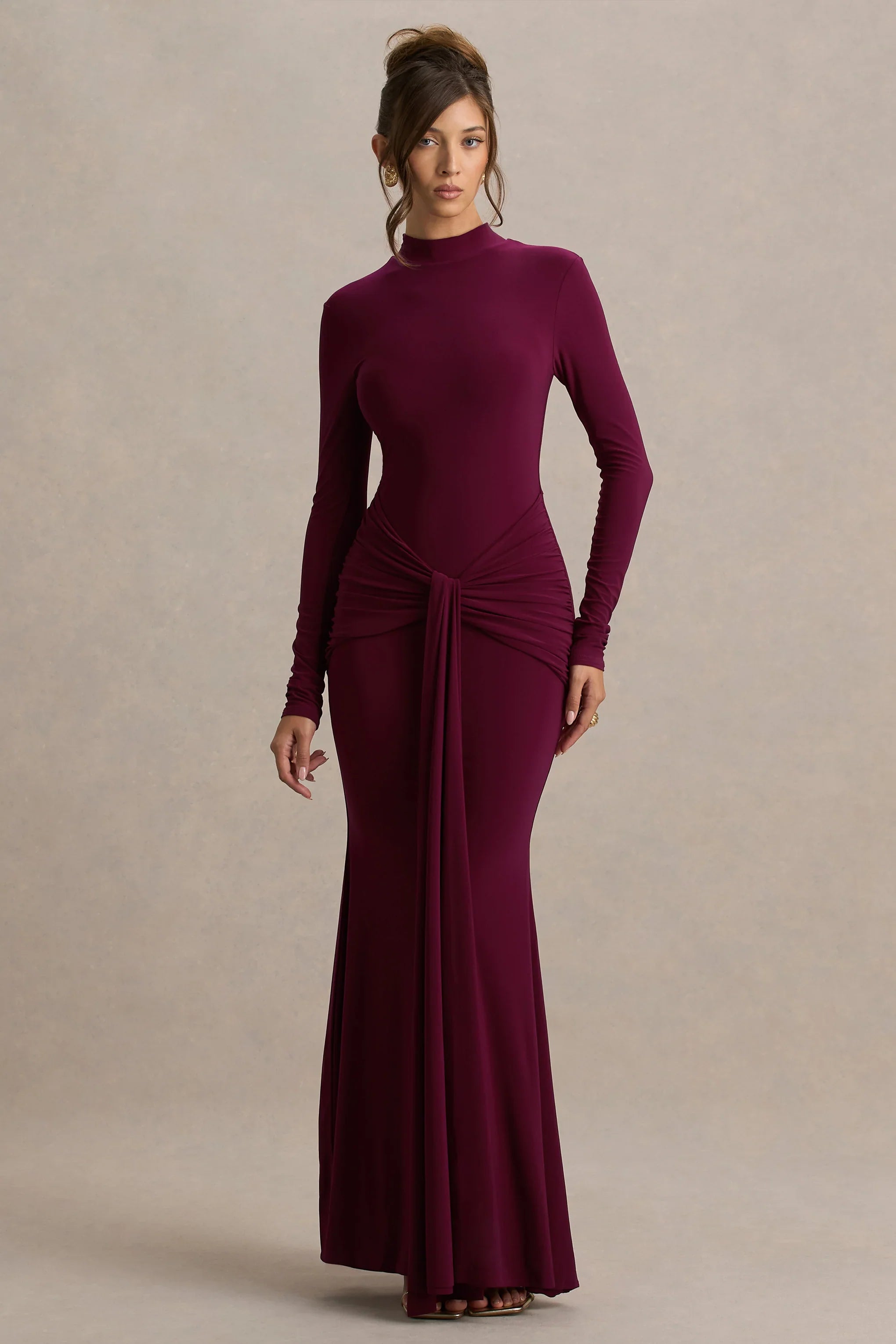 Pietra Berry High Neck Long Sleeve Knot Maxi Dress